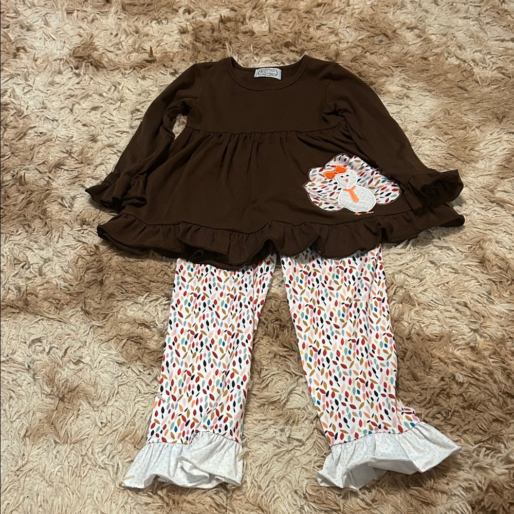 Brown Ruffled Shirt with Patterned Pants